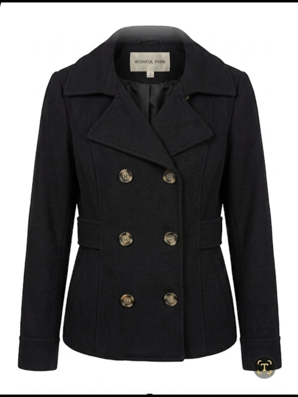 Wishful Park Black Double-Breasted Peacoat with Buttons,Women's Size Med.